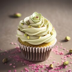 Pistachio rose cupcake with cream frosting.
