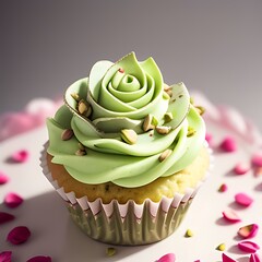 Pistachio rose cupcake with cream frosting.
