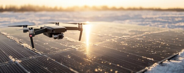 A drone hovers above solar panels, capturing sunlight as it reflects off the surface during a serene winter sunset.