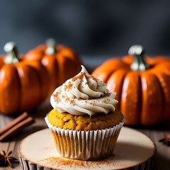 Spiced pumpkin cupcake with cinnamon frosting.