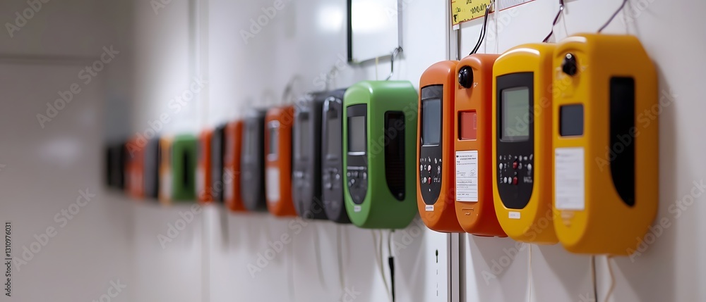 Poster a row of colorful digital meters mounted on a wall, showcasing modern technology in various applicat