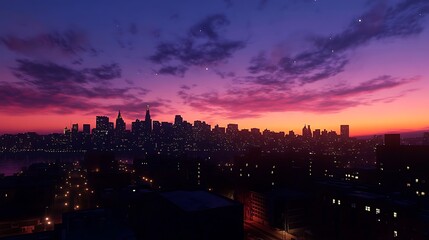 Obraz premium A stunning city skyline at sunset, showcasing vibrant colors and urban architecture.