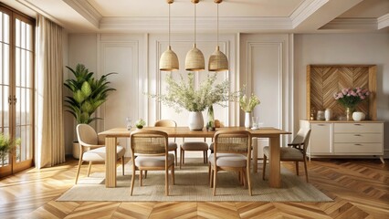 Sunlit Modern Dining Room with Woven Accents and Natural Wood