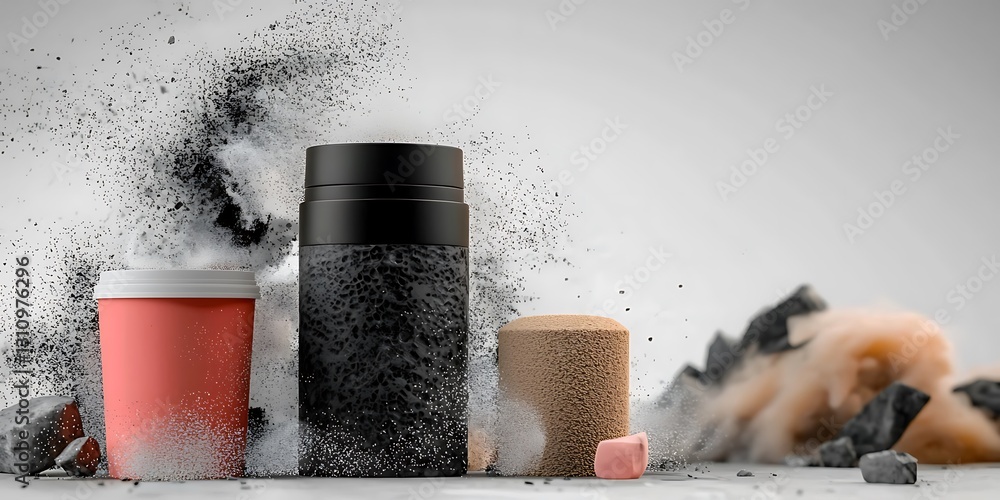 Poster dynamic explosion of various containers showcasing modern design against a minimalist backdrop