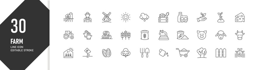 30 Farm and Agriculture Line Icons Set with Editable Stroke © BeNeed Vactory