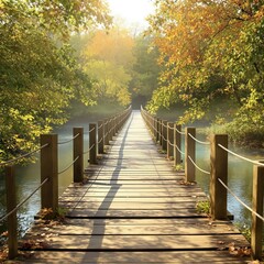 A peaceful wooden bridge over a gentle river with a backdrop of summer foliage, peaceful, river, greenery