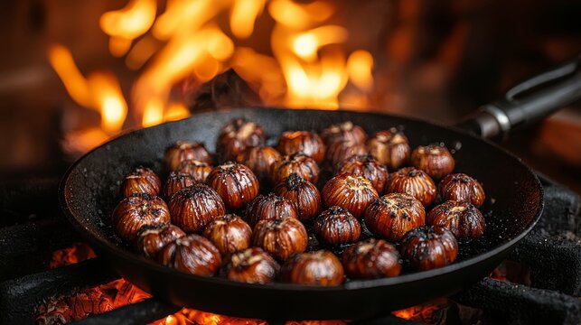 Roasted Chestnuts in a Black Pan over Open Fire Displaying Warm Autumn Comfort and Culinary Tradition