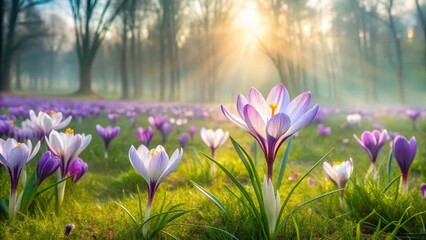 Serene sunrise illuminates a meadow of delicate spring crocuses, bathed in soft morning light and mist