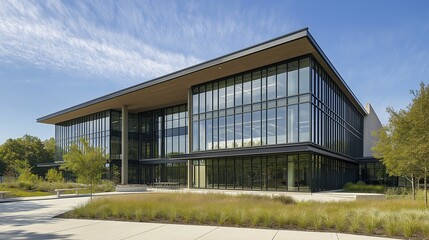 Obraz premium Modern glass and steel office building, symmetrical design, bathed in midday light, showcasing sleek architecture and urban professionalism.