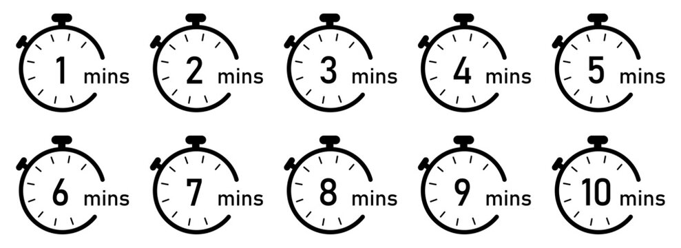 Timer from 1 to 10 minutes. 1, 2, 3, 4, 5, 6, 7, 8, 9, 10, min, timer clock isolated vector illustration. Timer, clock, stopwatch vector icon set. Flat style.