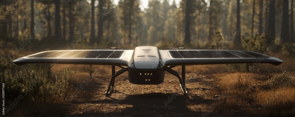 Poster a sleek drone with solar panels is positioned on a forest path, surrounded by trees and natural scen
