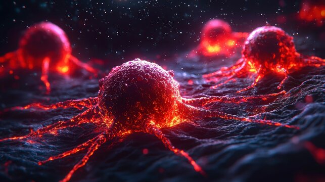 Microscopic View of Aggressive Cancer Cells Growing and Spreading in a Dark Environment Illustration