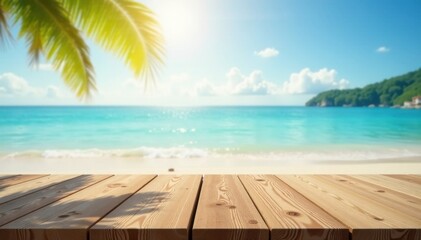 Fototapeta premium Serene beach scene, blurred ocean, sun-drenched sky, empty wooden table , sun, peaceful, summer vibes