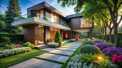Fototapeta premium Modern Architectural Design Featuring a Luxurious Residence with Expansive Landscaping and Evening Illumination