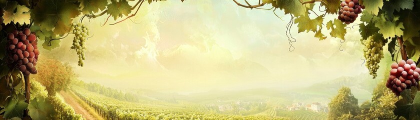 Obraz premium Lush Vineyard Panorama with Grapes Hanging in a Picturesque Landscape Full of Natural Light