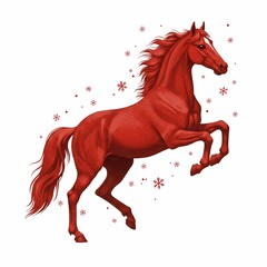 Red galloping horse with snowflake details.