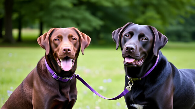 two chocolate labrador retriver dogs portrait on green nature park with purple puller