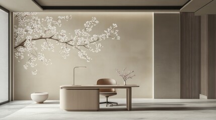 Modern minimalist office, cherry blossom wall art, calm workspace, natural light