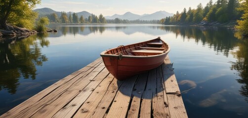 Fototapeta premium A small wooden rowboat is tied to a dock with a beautiful lake behind it, serene, nature, boats
