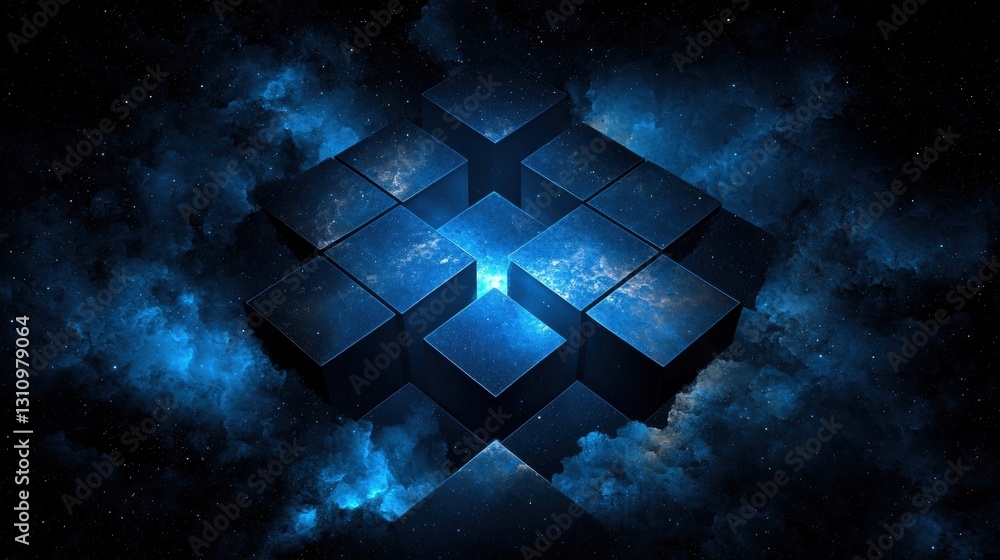 Poster a 3d rendering of a blue cube with a glowing light at its center, surrounded by a swirling nebula.