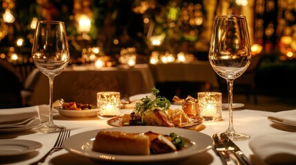 A stunning shot of a gourmet, multi-course meal including appetizers, mains, and desserts, with the background of an opulent fine-dining restaurant 