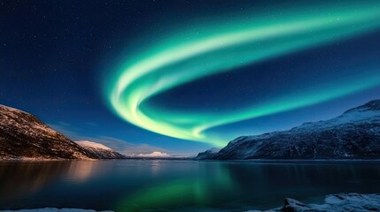 Aurora borealis northern lights idea. A stunning night landscape featuring the vibrant northern lights over a serene lake.