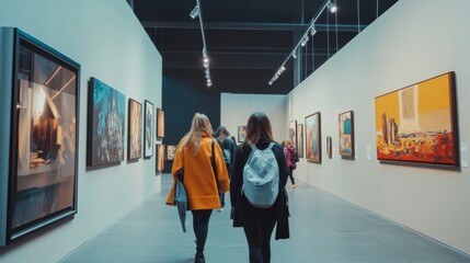 Fototapeta premium Visitors explore an art gallery filled with captivating artworks. The atmosphere is creative and inspiring. An inviting space for art lovers. Generative AI