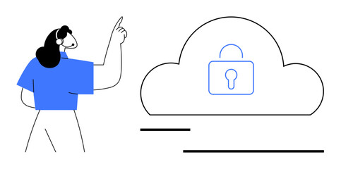 Woman gesturing toward cloud with lock icon, representing secure cloud storage. Ideal for cybersecurity, online privacy, data safety, cloud computing, tech services, IT support, flat simple metaphor