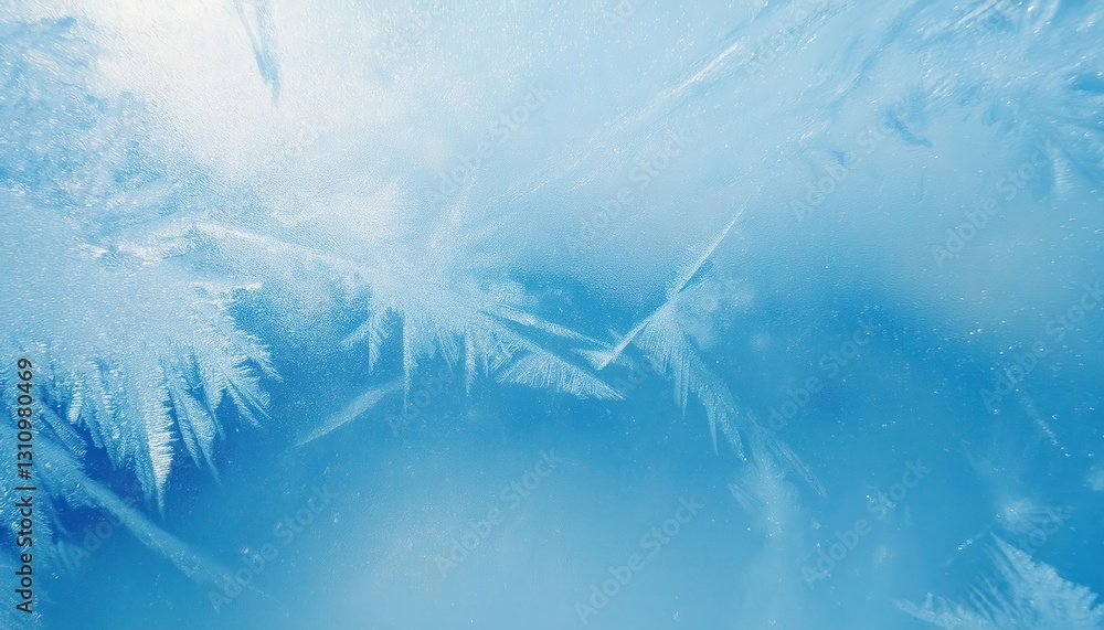 Poster delicate frost patterns on frozen glass with an icy blue background, creating a natural winter textu