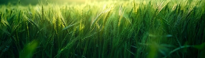 Fototapeta premium Field of Green Wheat Grains Swaying Gently in the Breeze Under the Warm Sunlight Outdoors