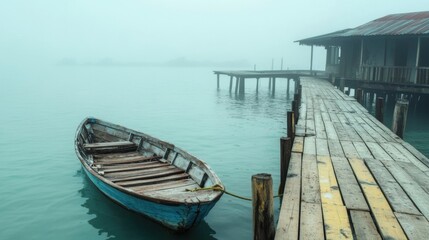 A solitary wooden boat anchored beside a foggy pier in a serene coastal setting