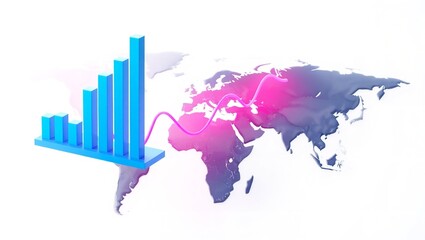 A futuristic financial chart with 3D blue bars of data growth with a world map