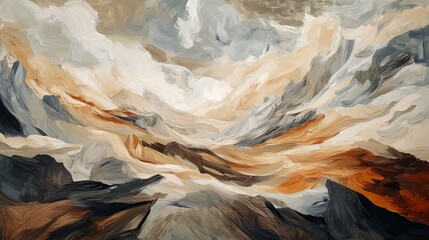 80.A high-altitude image of Riotinto, capturing the vast, abstract forms of the land in earthy tones of brown, gray, and beige, resembling an impressionist masterpiece.