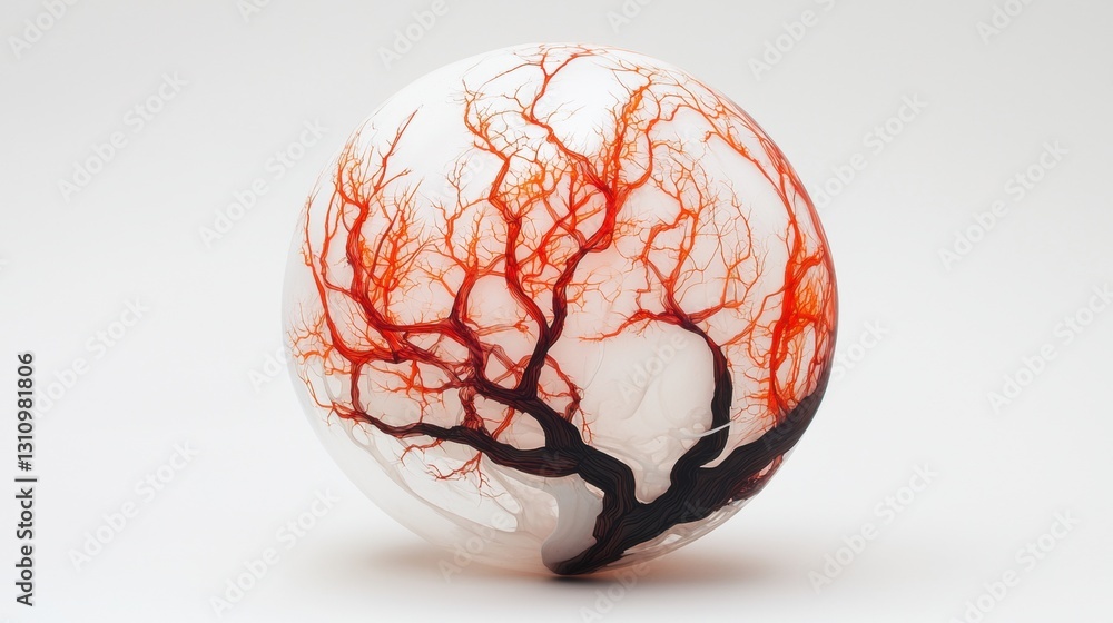 Poster a white sphere with a tree design in red and black.