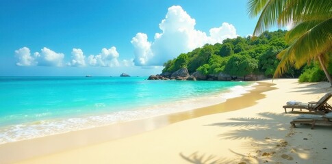 Fototapeta premium Golden sand, turquoise water, lush island backdrop, island, sea, landscape