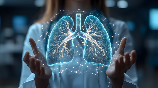 Projection of human lungs, medical technologies of the future. Healthcare, diagnostics of human lung health. - Powered by Adobe