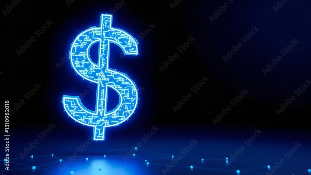 Poster the abstract digital elements of a dollar sign fade into a dark background. 3d rendering of the doll