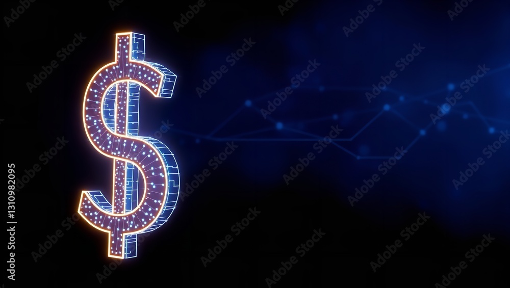 Poster the abstract digital elements of a dollar sign fade into a dark background. 3d rendering of the doll