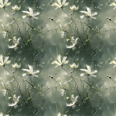 Seamless botanical pattern. Fresh delicate blooming flowers on branches, gentle spring design