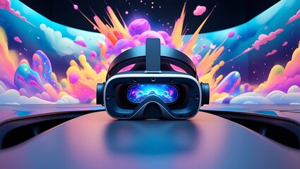 A VR headset rests on a reflective surface, with a vibrant, fantasy-like backdrop, offering an escape into an exciting virtual world.