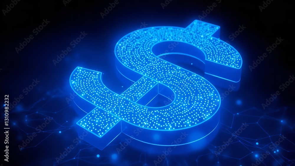 Poster the abstract digital elements of a dollar sign fade into a dark background. 3d rendering of the doll