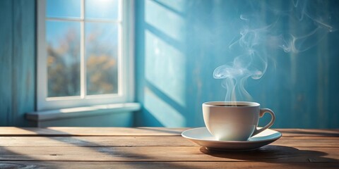 Aromatic Steam Rising From a Cup of Coffee on a Wooden Table by a Sunlit Window
