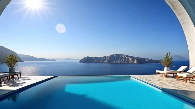 Santorini infinity pool, breathtaking ocean views, luxury hotel, tranquil scene, perfect vacation spot
