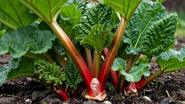 Vibrant Rhubarb Plant with Red Stalks and Lush Green Leaves Growing in Garden Soil