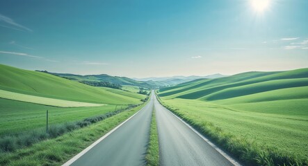 Fototapeta premium Serene Country Road Surrounded by Lush Green Fields and Rolling Hills Under a Clear Blue Sky.