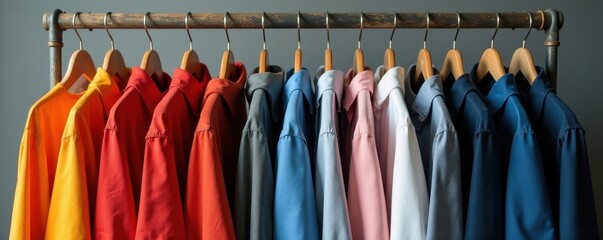 Array of colorful shirts elegantly displayed on rustic wooden hangers against a muted gray backdrop , hanging, apparel display, fashion display