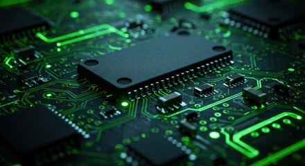 Fototapeta premium Close-up Electronic Circuit Board with Green Traces and Components