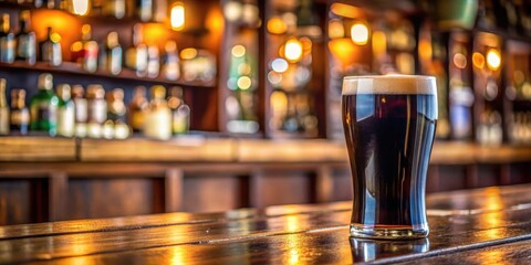 Guinness beer pint on a pub counter, liquid gold, cozy,  liquid gold, cozy, warmth, refreshment, furniture, decor, evening, glass