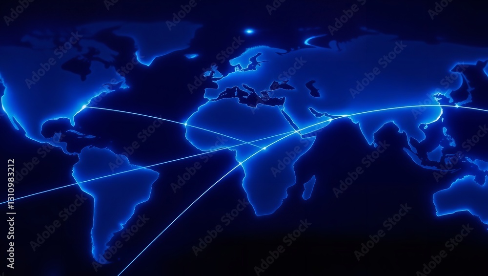 Poster global network connections plexus effect on world map with linking dots and lines, blue background