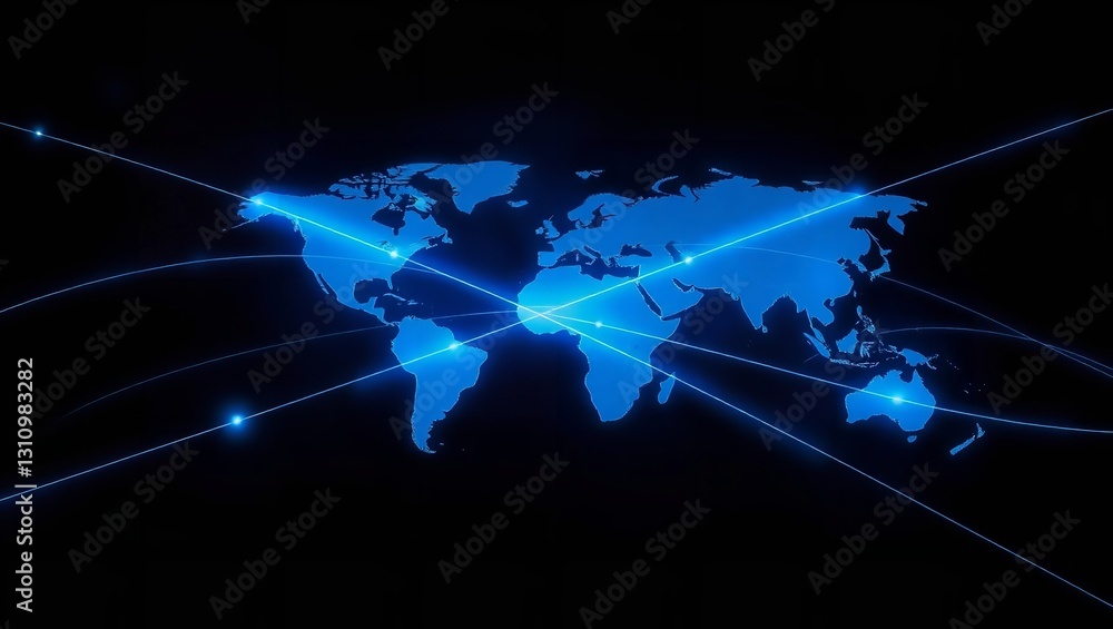 Poster global network connections plexus effect on world map with linking dots and lines, blue background